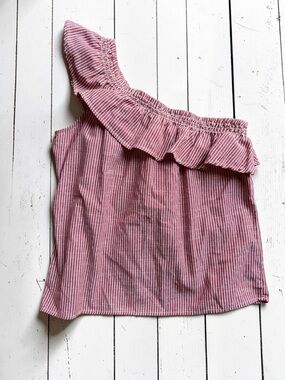 So It Is One Shoulder Top Medium Red White Stripe Ruffle Cotton Summer Blouse